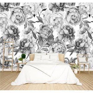 Grey Peony Floral Wallpaper Bedroom Black and White Botanical Flowers